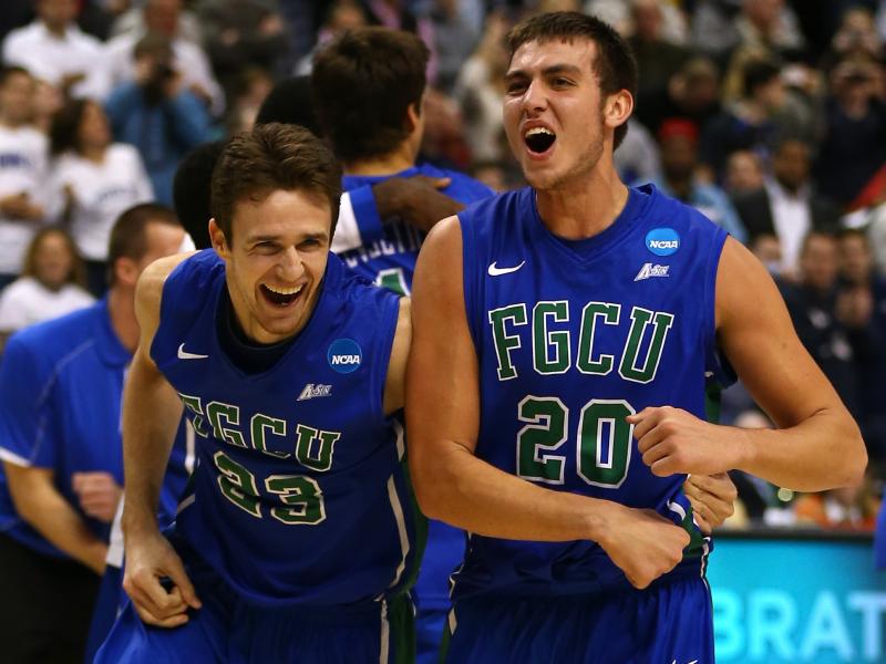 Florida Gulf Coast players Eddie Murray (No. 23) and Chase Fieler (No. 20) celebrate their win Sunday over San Diego State. The game was played at the Wells Fargo Center in Philadelphia. Florida Gulf Coast players Eddie Murray (No. 23) and Chase Fieler (No. 20) celebrate their win Sunday over San Diego State. The game was played at the Wells Fargo Center in Philadelphia.