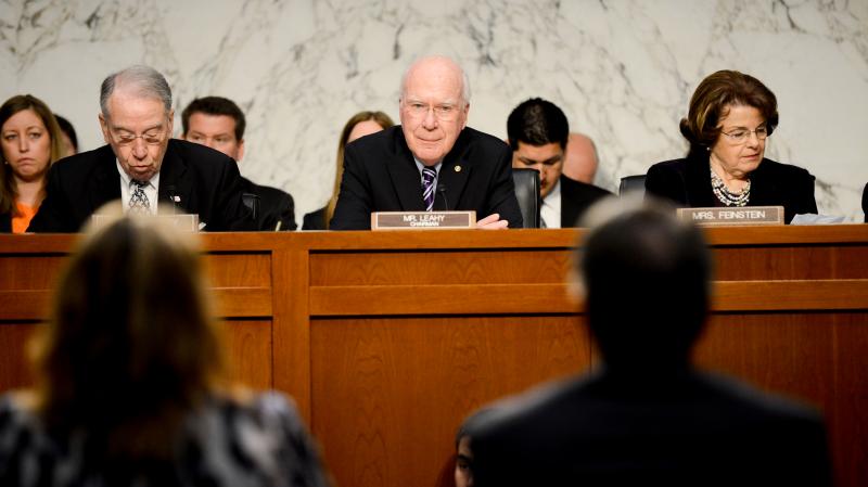 Senate Judiciary Chairman Patrick Leahy, D-Vt. (center), listens to testimony during a hearing on the immigration bill on April 22. Senate Judiciary Chairman Patrick Leahy, D-Vt. (center), listens to testimony during a hearing on the immigration bill on April 22.