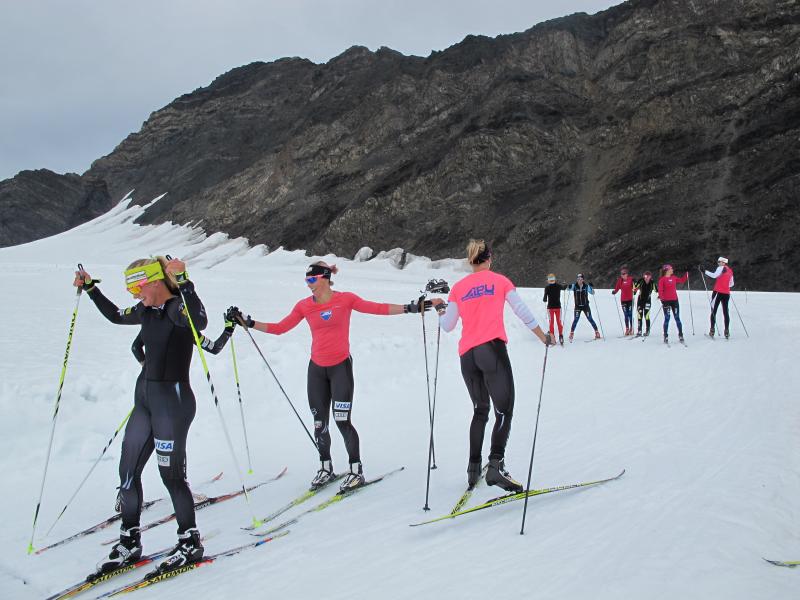 Skiers Jessie Diggins (from left), Kikkan Randall and Sadie Bjornsen finish practice. During the summer, they ski on Eagle Glacier to prepare for competition. It's one of the few places where skiers can train on snow during the summer. Skiers Jessie Diggins (from left), Kikkan Randall and Sadie Bjornsen finish practice. During the summer, they ski on Eagle Glacier to prepare for competition. It's one of the few places where skiers can train on snow during the summer.