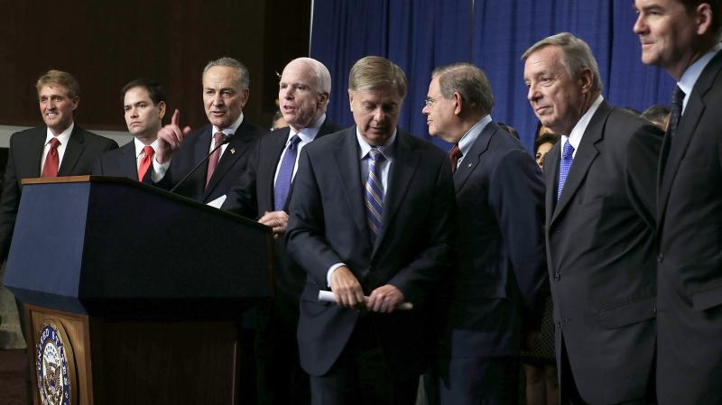 A bill proposed by the Senate's Gang of Eight (from left, Jeff Flake, R-Ariz.; Marco Rubio, R-Fla.; Charles Schumer, D-N.Y.; John McCain, R-Ariz.; Lindsey Graham, R-S.C.; Bob Menendez, D-N.J.; Dick Durbin, D-Ill.; and Michael Bennet, D-Colo.) has passed o A bill proposed by the Senate's Gang of Eight (from left, Jeff Flake, R-Ariz.; Marco Rubio, R-Fla.; Charles Schumer, D-N.Y.; John McCain, R-Ariz.; Lindsey Graham, R-S.C.; Bob Menendez, D-N.J.; Dick Durbin, D-Ill.; and Michael Bennet, D-Colo.) has passed o
