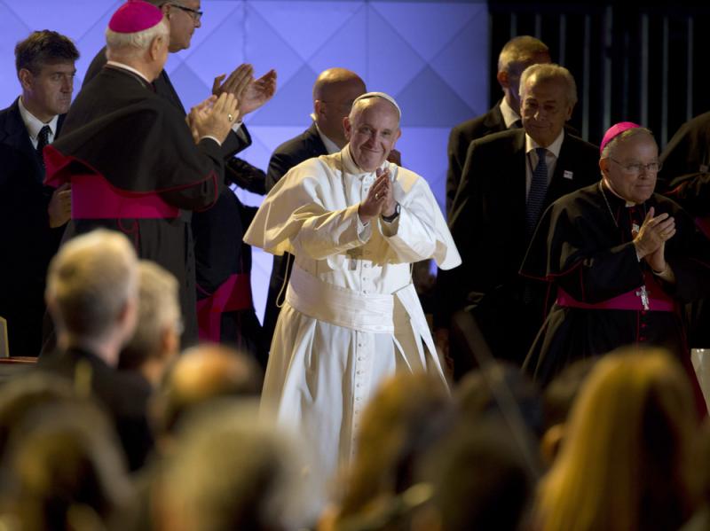 Pope Francis takes the stage at the Festival of Families on Saturday evening in Philadelphia. Pope Francis takes the stage at the Festival of Families on Saturday evening in Philadelphia.