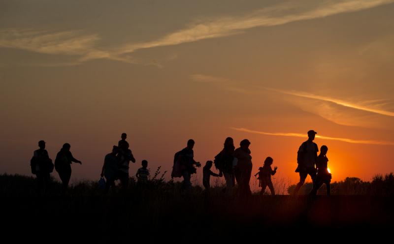 Refugees from the Middle East are silhouetted against the setting sun as they walk on railway tracks from Serbia, in Roszke, Hungary, on Sunday. Refugees from the Middle East are silhouetted against the setting sun as they walk on railway tracks from Serbia, in Roszke, Hungary, on Sunday.