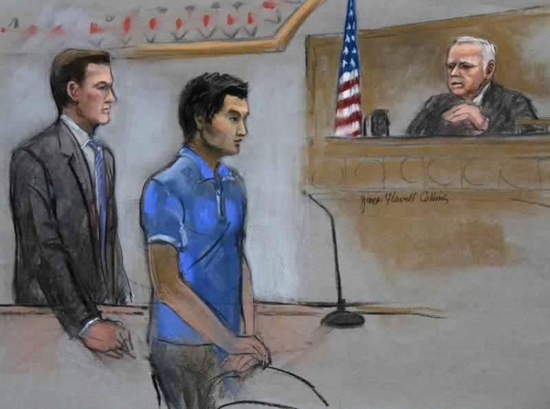 Dias Kadyrbayev, a college friend of Boston Marathon bombing suspect Dzhokhar Tsarnaev, is depicted in a court room sketch. Dias Kadyrbayev, a college friend of Boston Marathon bombing suspect Dzhokhar Tsarnaev, is depicted in a court room sketch.