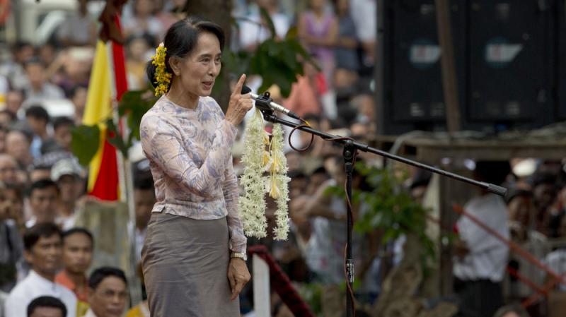 Myanmar opposition leader Aung San Suu Kyi speaks at rally in Yangon, Myanmar, last year. Suu Kyi won the Nobel Peace Prize for her struggle for democracy in her homeland, but has faced criticism lately for not speaking out about the plight of the Rohingy Myanmar opposition leader Aung San Suu Kyi speaks at rally in Yangon, Myanmar, last year. Suu Kyi won the Nobel Peace Prize for her struggle for democracy in her homeland, but has faced criticism lately for not speaking out about the plight of the Rohingy
