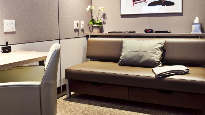 Minute Suite's 7-by-8-feet rooms offer Wi-Fi, a sofa bed, a television and a workspace. One traveler compared the small spaces to having an MRI done, but others say the idea is overdue at Chicago's O'Hare International Airport. Minute Suite's 7-by-8-feet rooms offer Wi-Fi, a sofa bed, a television and a workspace. One traveler compared the small spaces to having an MRI done, but others say the idea is overdue at Chicago's O'Hare International Airport.