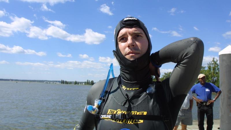 French marathon swimmer Benoit Lecomte (left) prepares to jump into the Potomac River in Washington, D.C., in 2002. In 1998, Lecomte swam across the Atlantic Ocean. French marathon swimmer Benoit Lecomte (left) prepares to jump into the Potomac River in Washington, D.C., in 2002. In 1998, Lecomte swam across the Atlantic Ocean.