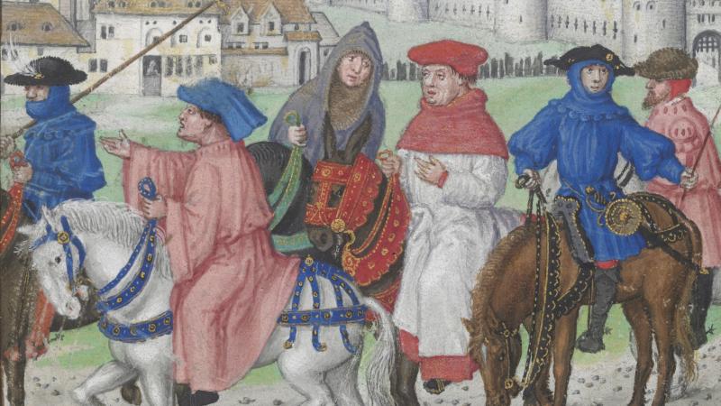 Pilgrims leaving Canterbury, from text of the end of the Prologue to The Canterbury Tales, by Geoffrey Chaucer. Pilgrims leaving Canterbury, from text of the end of the Prologue to The Canterbury Tales, by Geoffrey Chaucer.