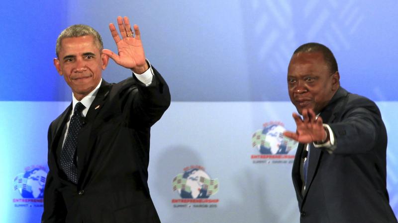 President Obama and Kenya's President Uhuru Kenyatta onstage after delivering remarks at the Global Entrepreneurship Summit at the United Nations compound in Nairobi, on Saturday. President Obama and Kenya's President Uhuru Kenyatta onstage after delivering remarks at the Global Entrepreneurship Summit at the United Nations compound in Nairobi, on Saturday.