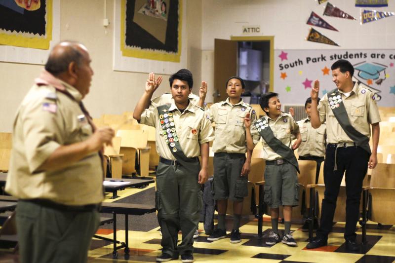 Romy Vasquez leads the boys in drills ahead of an upcoming Eagle Scout ceremony. Romy Vasquez leads the boys in drills ahead of an upcoming Eagle Scout ceremony.