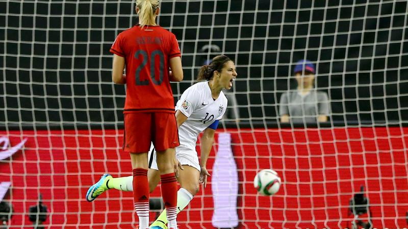Carli Lloyd of the U.S. (in white) celebrates after scoring on a penalty kick Tuesday night in the Americans' 2-0 World Cup semifinal victory against Germany. Carli Lloyd of the U.S. (in white) celebrates after scoring on a penalty kick Tuesday night in the Americans' 2-0 World Cup semifinal victory against Germany.
