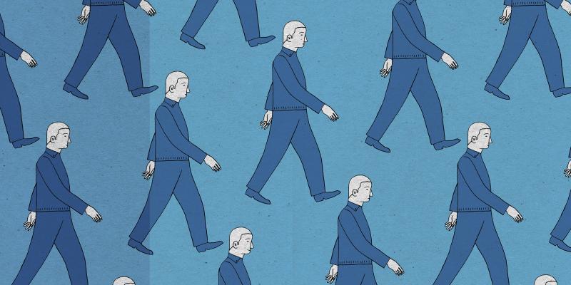 Pattern of similar men walking in rows Pattern of similar men walking in rows