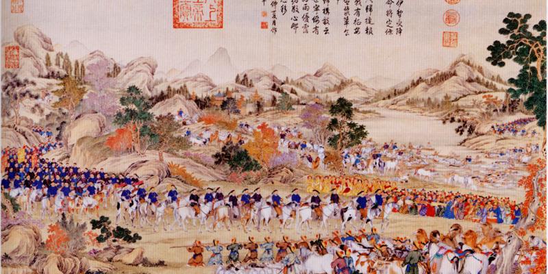 The Dzungar army surrenders to Manchu officers of the Qing Dynasty in 1759 in the Ili Valley, now part of China's Xinjiang region, in this painting made several years later by Chinese and Jesuit missionary artists. The Dzungar army surrenders to Manchu officers of the Qing Dynasty in 1759 in the Ili Valley, now part of China's Xinjiang region, in this painting made several years later by Chinese and Jesuit missionary artists.