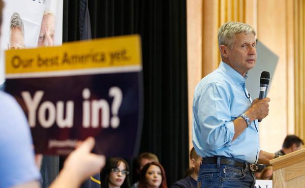 Libertarian presidential candidate Gary Johnson talks to a crowd of supporters at an August rally in Salt Lake City. Libertarian presidential candidate Gary Johnson talks to a crowd of supporters at an August rally in Salt Lake City.