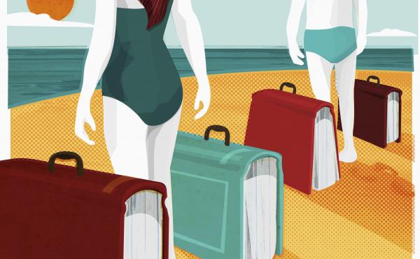Illustration of two people standing on a beach, with suitcases in the shape of books. Illustration of two people standing on a beach, with suitcases in the shape of books.