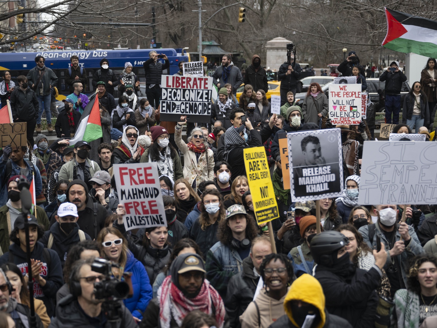 A rally in support of pro-Palestinian activist Mahmoud Khalil in Times Square.