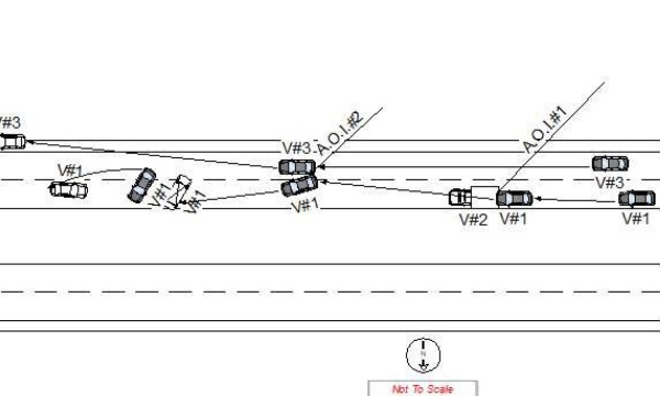 The crash report diagrams the path a Nissan Altima took as it hit a tow truck and was vaulted 120 feet down the highway by the salvage vehicle's ramp.