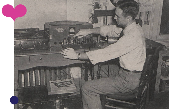 One of the first WFDD employees adjusting radio settings.