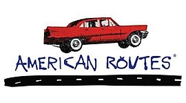 American Routes radio program logo with an illustration of a red car floating above an asphalt road