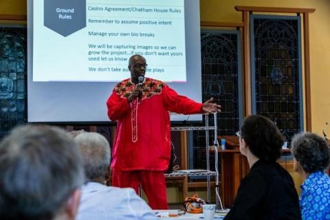 David Campt addresses an audience in Chapel Hill on April 14, 2019.