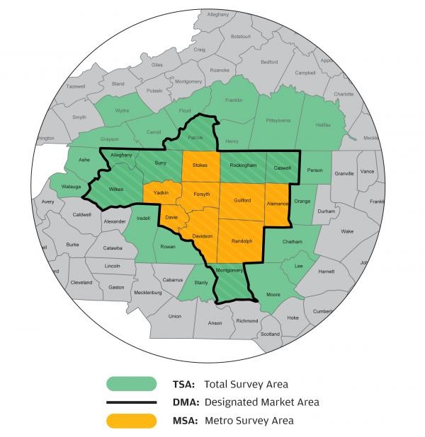 A map of counties in northwest North Carolina showing the coverage area of WFDD.