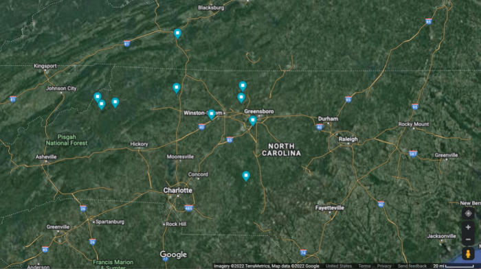 Google Maps screenshot - North Carolina, Virginia, and Tennessee hiking Trails