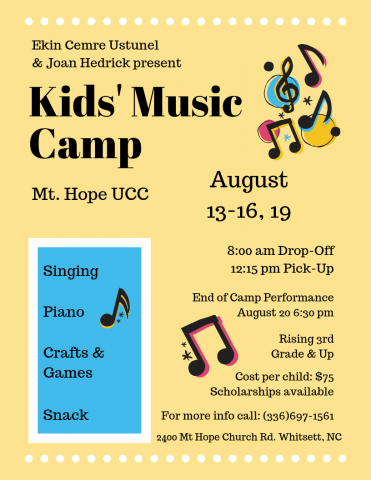 Mt. Hope UCC Children's Music Camp Flyer with event and contact information for Children's Music Camp, text and music note images on yellow and blue background