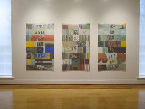 Exhibit view of "Prove you're not a robot" at Salem College. Three digital collages made from Google reCAPTCHA image files. Images are five feet tall by three feet wide and printed on vinyl mesh.