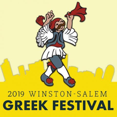2019 Greek Festival logo City of Winston-Salem skyline with Greek dancer