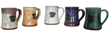 photo of hand crafted love mugs in colors grey, orange, white, purple, and green