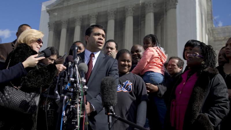 Debo Adegbile, special counsel of the NAACP Legal Defense Fund, speaks with the media outside the Supreme Court in Feb. 2013 after presenting arguments in the Shelby County, Ala., v. Holder voting rights case. Debo Adegbile, special counsel of the NAACP Legal Defense Fund, speaks with the media outside the Supreme Court in Feb. 2013 after presenting arguments in the Shelby County, Ala., v. Holder voting rights case.