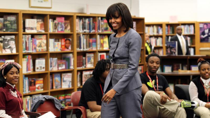 First lady Michelle Obama greets students at Harper High School in Chicago on Wednesday. Twenty-nine current or former Harper students have been shot in the past year, eight of them fatally. First lady Michelle Obama greets students at Harper High School in Chicago on Wednesday. Twenty-nine current or former Harper students have been shot in the past year, eight of them fatally.
