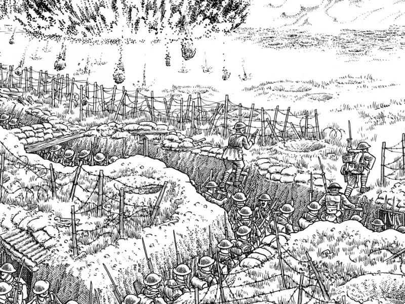 Detail from Plate 11 of Joe Sacco's The Great War: July 1, 1916: The First Day of the Battle of the Somme. On July 1st, at precisely 7:30 a.m., the attack commences. Detail from Plate 11 of Joe Sacco's The Great War: July 1, 1916: The First Day of the Battle of the Somme. On July 1st, at precisely 7:30 a.m., the attack commences.