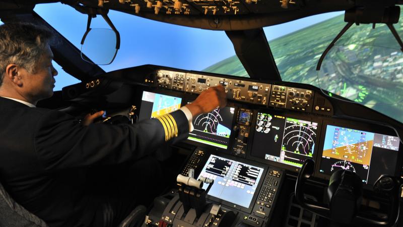 Much of the training for pilots for major airlines is conducted on sophisticated flight simulators, like this Boeing 787 simulator operated by an All Nippon Airways captain. Pilots are also trained to communicate clearly about problems they may encounter Much of the training for pilots for major airlines is conducted on sophisticated flight simulators, like this Boeing 787 simulator operated by an All Nippon Airways captain. Pilots are also trained to communicate clearly about problems they may encounter