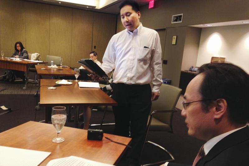 Attorney Francis Chin (center) runs through his lines with Yang Chen at a rehearsal for 22 Lewd Chinese Women, the latest trial re-enactment by the Asian American Bar Association of New York. Attorney Francis Chin (center) runs through his lines with Yang Chen at a rehearsal for 22 Lewd Chinese Women, the latest trial re-enactment by the Asian American Bar Association of New York.