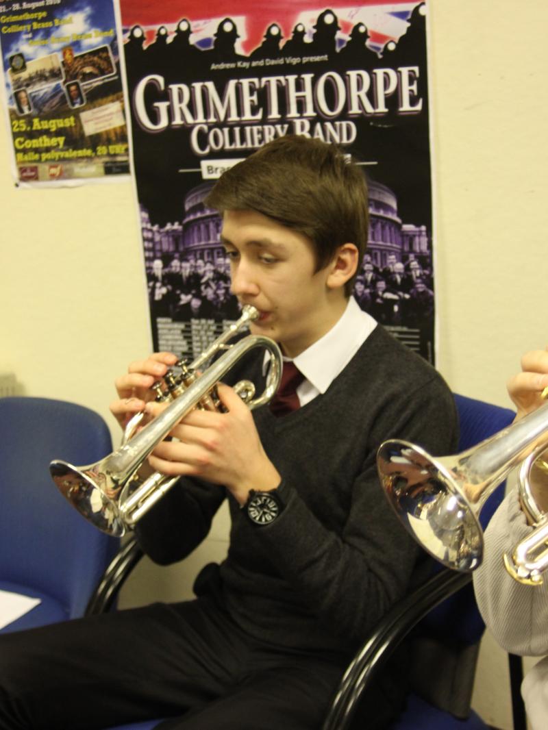 Cornetist Adam Rosbottom rehearses with the Grimethorpe Colliery Band in January. The band was founded in South Yorkshire, England, in 1917. Cornetist Adam Rosbottom rehearses with the Grimethorpe Colliery Band in January. The band was founded in South Yorkshire, England, in 1917.