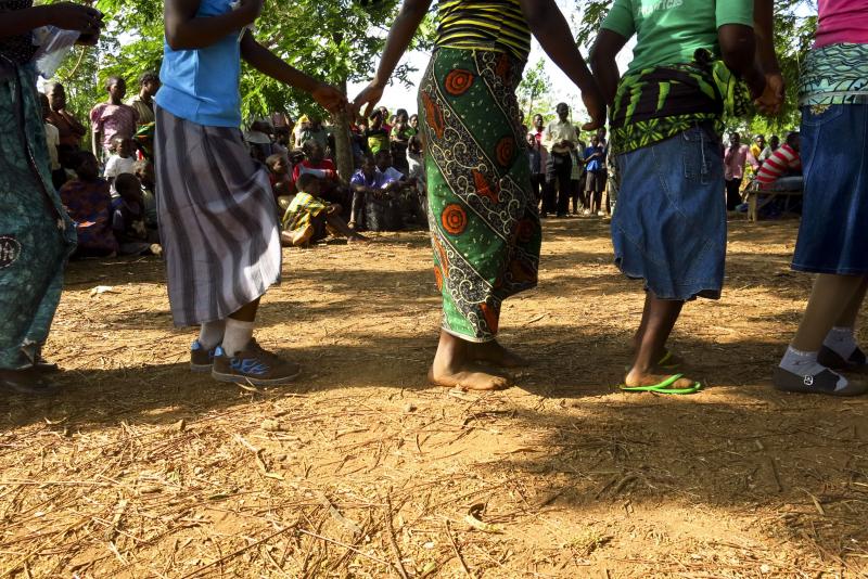 The play is staged in a celebratory atmosphere, with drumming, dancing and singing. The lyrics of one song include the line, "Force your daughters to go to school, not to get married." The play is staged in a celebratory atmosphere, with drumming, dancing and singing. The lyrics of one song include the line, "Force your daughters to go to school, not to get married."