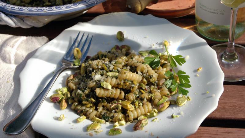 Julia della Croce says pistachio pesto is an economical — and delicious — alternative when Italian pine nuts can cost up to $120 per pound. Julia della Croce says pistachio pesto is an economical — and delicious — alternative when Italian pine nuts can cost up to $120 per pound.