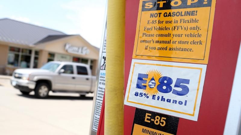 A decal advertising E85 ethanol is displayed on a pump at a gas station in Johnston, Iowa. A decal advertising E85 ethanol is displayed on a pump at a gas station in Johnston, Iowa.