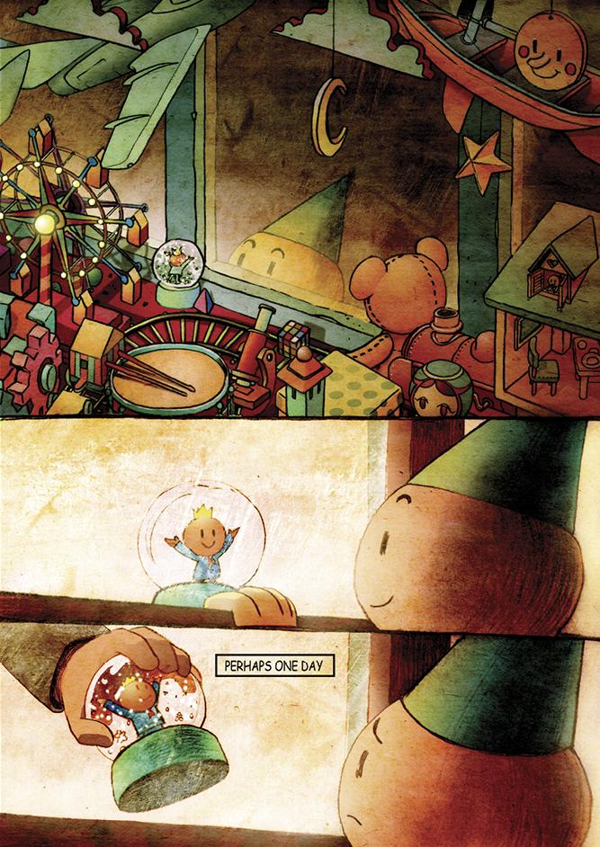A small, child-like creature in a cone hat peers into a toy shop, happy at the sight of a snow globe, in a vignette called "Tininess" in Darkness Outside the Night, a graphic novel illustrated by Xie Peng. Find out what happens in the excerpt below. A small, child-like creature in a cone hat peers into a toy shop, happy at the sight of a snow globe, in a vignette called "Tininess" in Darkness Outside the Night, a graphic novel illustrated by Xie Peng. Find out what happens in the excerpt below.