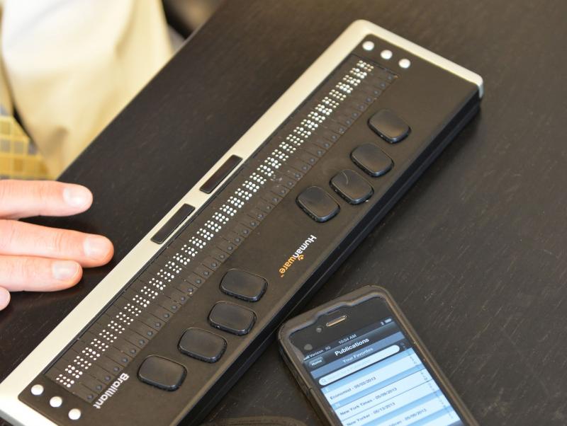 This Braille reader connects to a smartphone. This Braille reader connects to a smartphone.