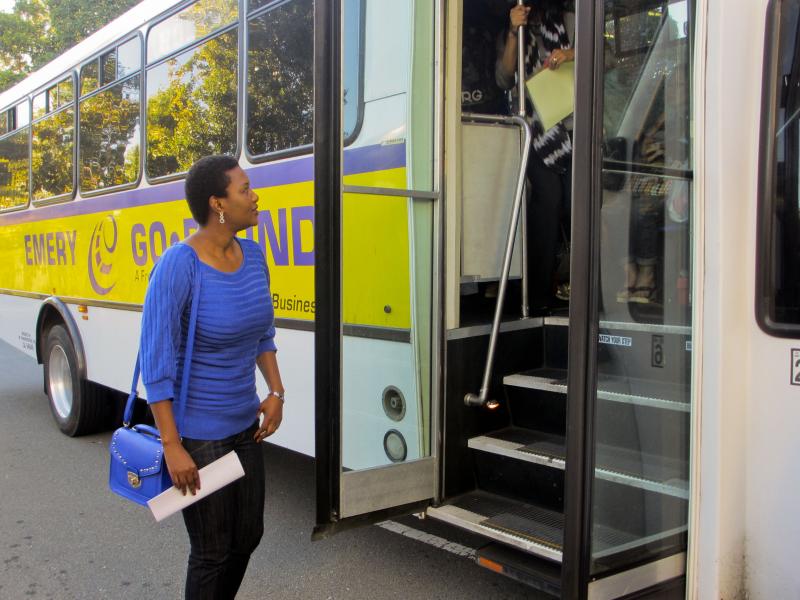 There were 1.5 million boardings on the Emery Go Round last year. Zikhona Tetana, a visiting scientist from South Africa, is taking the Emery Go Round to a Lawrence Berkeley National Laboratory facility in Emeryville. "It's convenient and always on time," There were 1.5 million boardings on the Emery Go Round last year. Zikhona Tetana, a visiting scientist from South Africa, is taking the Emery Go Round to a Lawrence Berkeley National Laboratory facility in Emeryville. "It's convenient and always on time,"