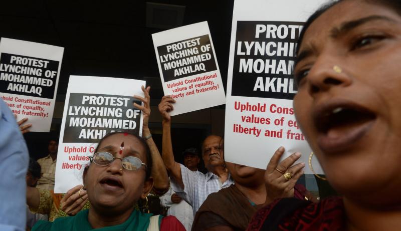 Indian protesters shout slogans during a demonstration to condemn the lynching and murder of an Indian Muslim, in Mumbai on October 6, 2015. Mohammad Akhlaq, 50, was dragged from his house September 29, 2015 on the outskirts of the capital New Delhi and a