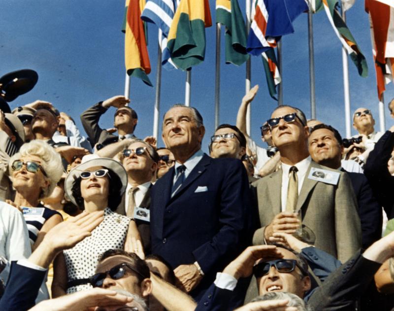 Vice President Spiro Agnew (right) and former President Lyndon Johnson view the liftoff of Apollo 11 from the stands at the Kennedy Space Center on July 16, 1969. Vice President Spiro Agnew (right) and former President Lyndon Johnson view the liftoff of Apollo 11 from the stands at the Kennedy Space Center on July 16, 1969.
