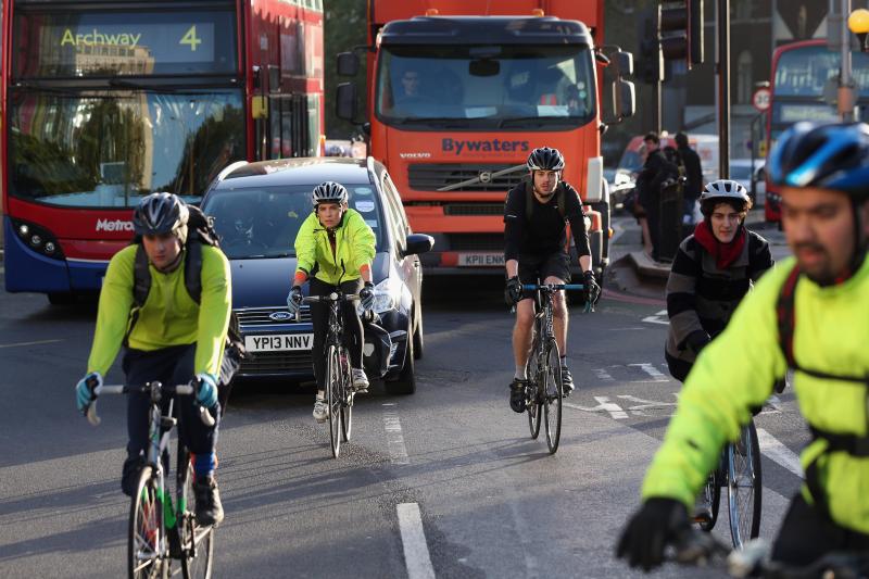 Cyclists negotiate rush hour traffic in central London on Nov. 15. Fourteen London cyclists have died so far this year, all in accidents involving heavy goods vehicles. Cyclists negotiate rush hour traffic in central London on Nov. 15. Fourteen London cyclists have died so far this year, all in accidents involving heavy goods vehicles.