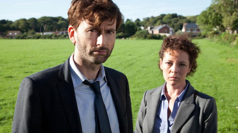 David Tennant plays Detective Inspector Alec Hardy alongside Olivia Colman as Detective Sergeant Ellie Miller, investigating the murder of a young boy in the BBC crime drama Broadchurch. David Tennant plays Detective Inspector Alec Hardy alongside Olivia Colman as Detective Sergeant Ellie Miller, investigating the murder of a young boy in the BBC crime drama Broadchurch.