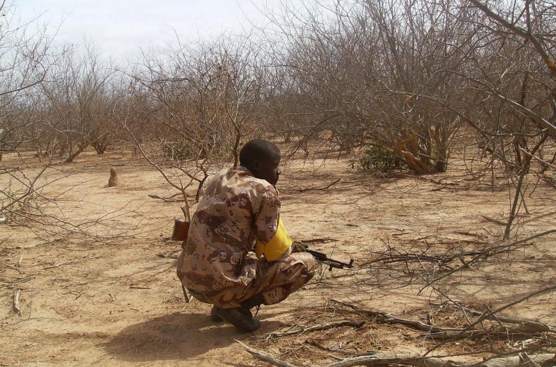 A Malian troop member checks bushes after a military raid in the Wagoudou forest. A Malian troop member checks bushes after a military raid in the Wagoudou forest.
