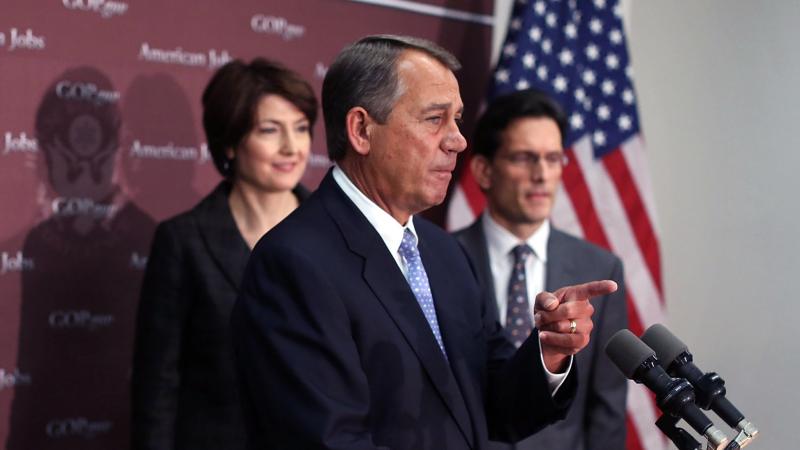 House Speaker John Boehner, R-Ohio, takes questions as House Majority Leader Eric Cantor, R-Va., and Rep. Cathy McMorris Rodgers, R-Wash., look on during a Capitol Hill news conference on Wednesday. House Speaker John Boehner, R-Ohio, takes questions as House Majority Leader Eric Cantor, R-Va., and Rep. Cathy McMorris Rodgers, R-Wash., look on during a Capitol Hill news conference on Wednesday.