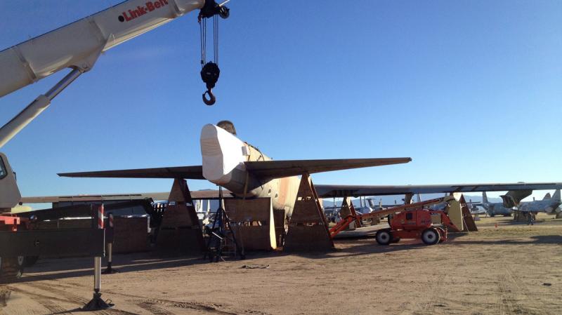 A view of a B-52 about to have its tail section cut at Davis-Monthan Air Force Base in Tucson, Ariz. A view of a B-52 about to have its tail section cut at Davis-Monthan Air Force Base in Tucson, Ariz.