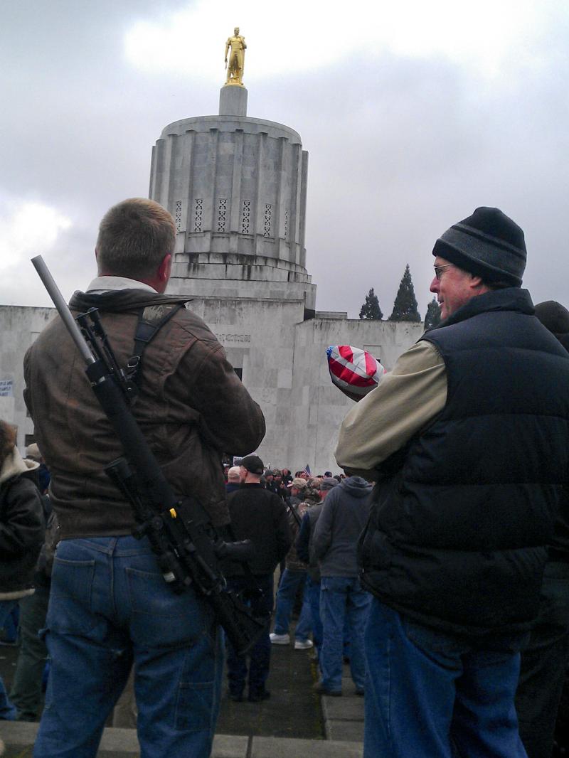Gun rights supporters rally at the Oregon Capitol in February. Gun rights supporters rally at the Oregon Capitol in February.