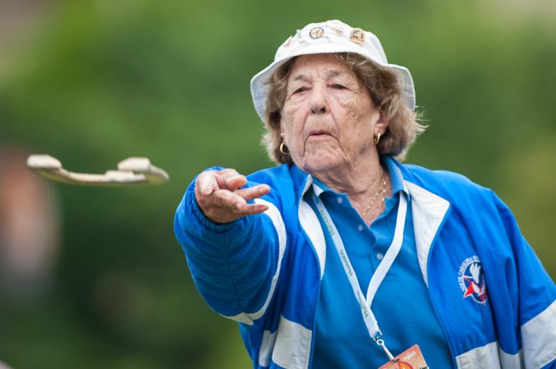 Hazel Trexler-Campbell throws spray-painted horseshoes during the Senior Games in Cleveland on July 23. Hazel Trexler-Campbell throws spray-painted horseshoes during the Senior Games in Cleveland on July 23.